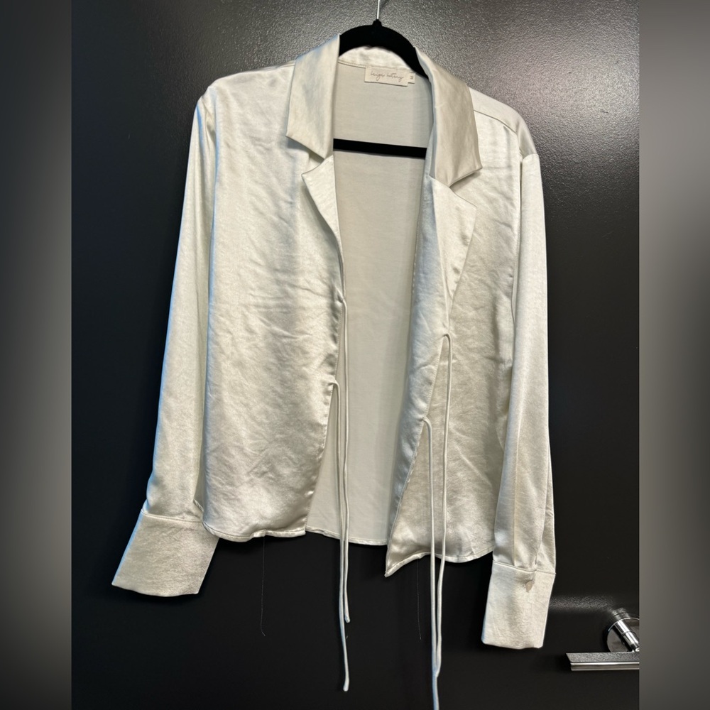 Elegant Cream Open-Front Tie-Front Silky Blouse Top